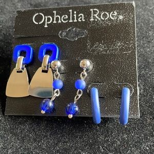 Silver tone and blue 3 piece earring set for pierced ears.